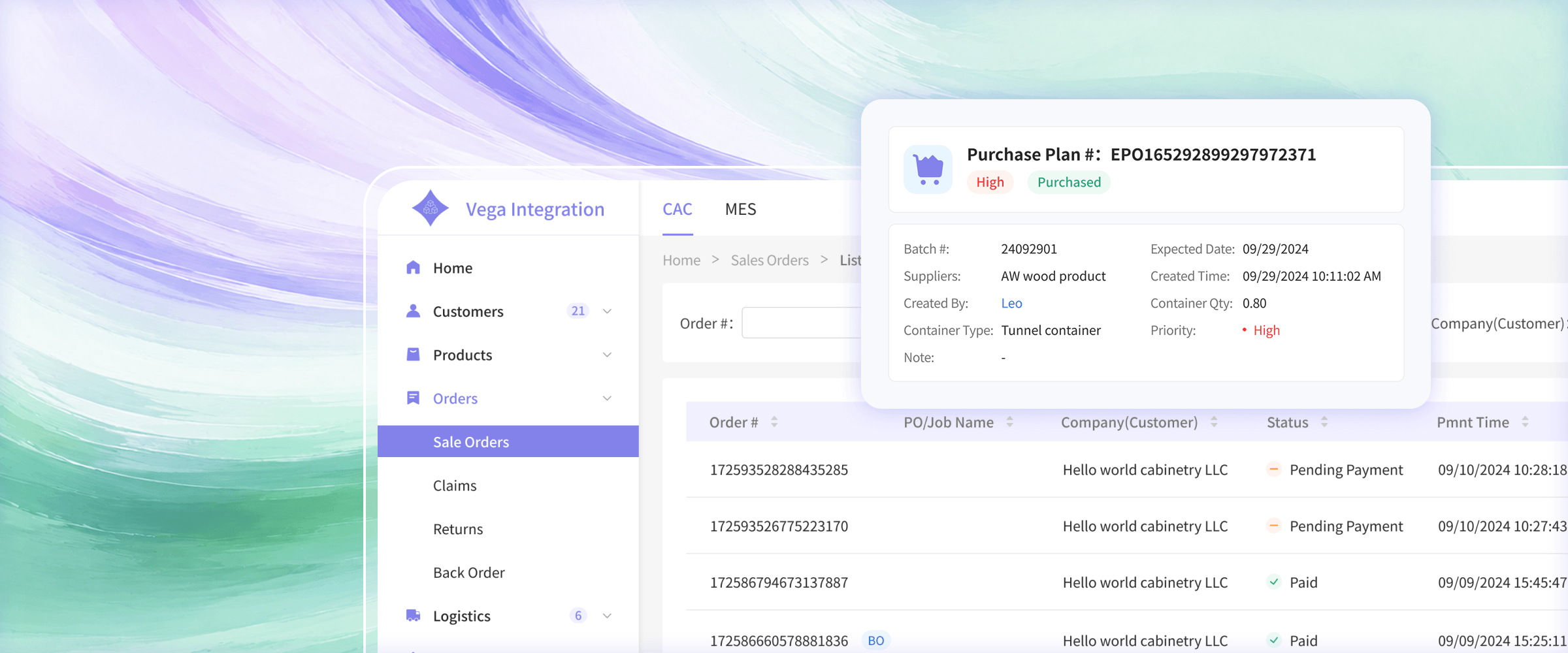 Vega order and purchasing workflow dashboard